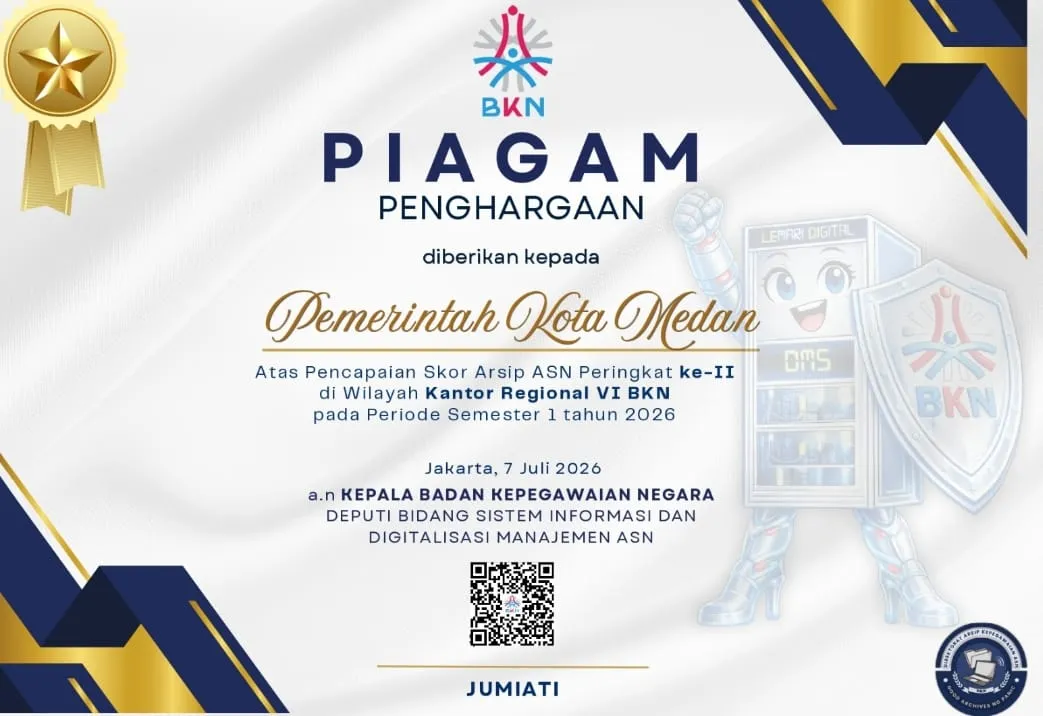 Pemko Medan Raih Peringkat II Skor Arsip ASN Wilayah Kanreg VI BKN