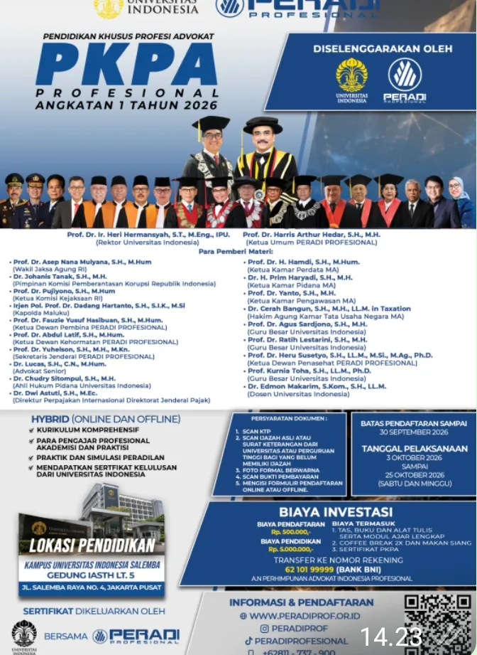 PERADIPROF Kerja Sama dengan Universitas Indonesia menggelar Pendidikan Khusus Profesi Advokat